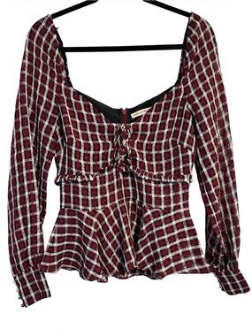 The East Order Burgundy, Black, and White Checkered Blouse